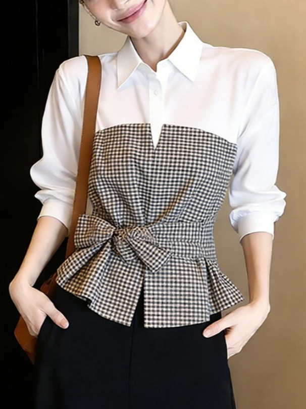 Women Formal Wear White Shirt - بلوزة جديدة بيضاء وسوداء بنقشة جينجهام