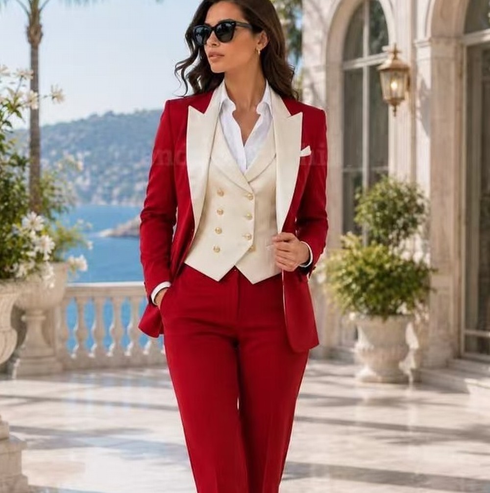 Blazer Set Women Formal - بدلة رسمية للنساء باللونين العاجي والأحمر