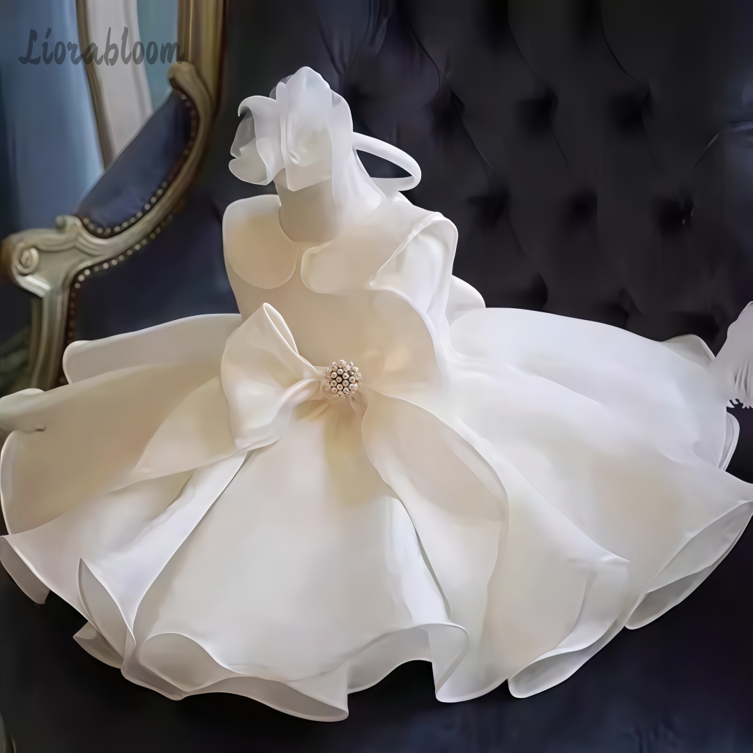 Formal Women'S Wear - فستان أبيض مزين باللؤلؤ للفتيات الصغيرات