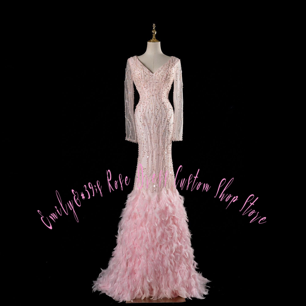 Women Formal Event Wear - فستان سهرة فاخر وردي مزين بالريش