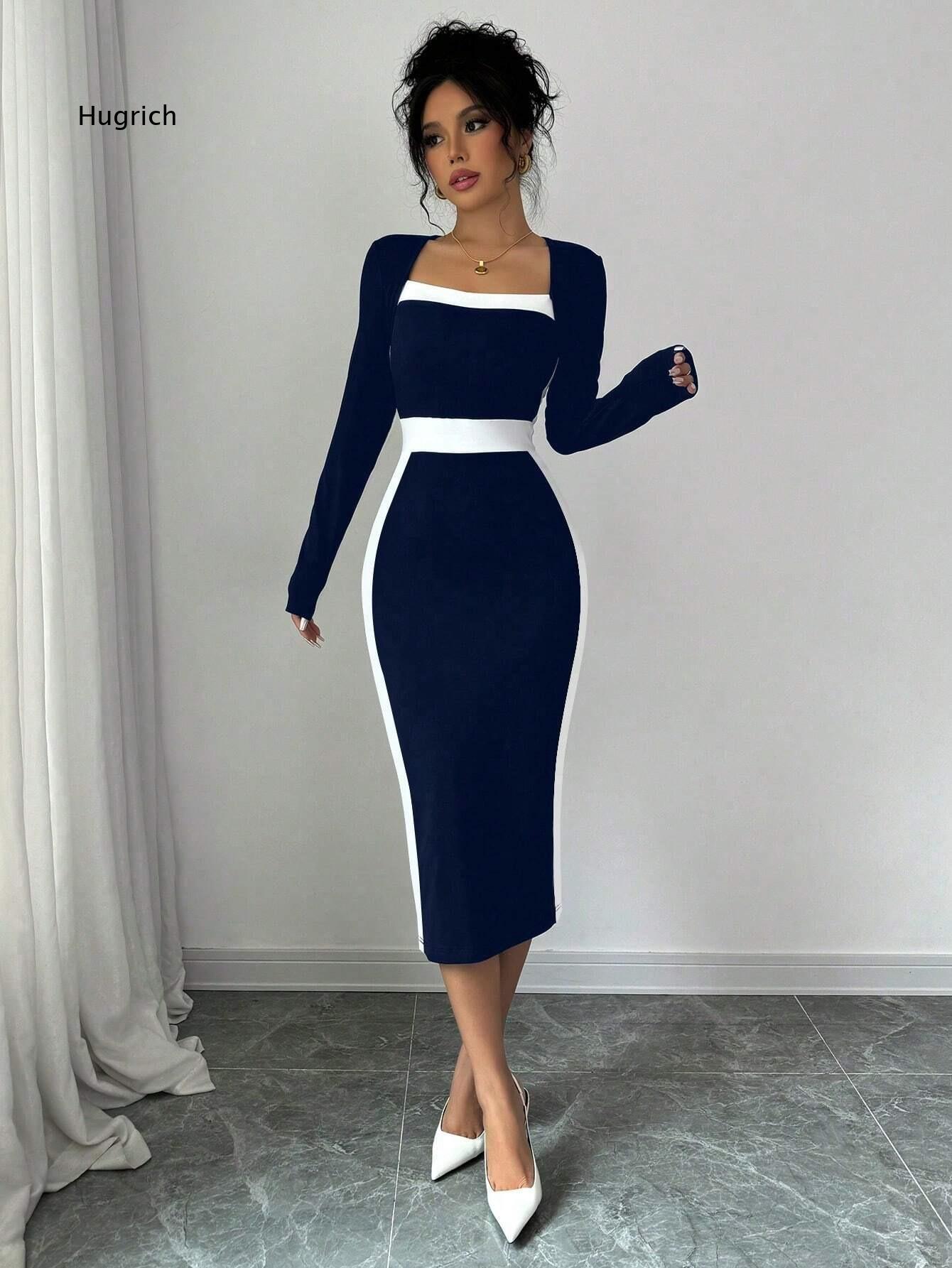 Women Formal Event Wear - فستان ميدي ضيق بأكمام طويلة وياقة