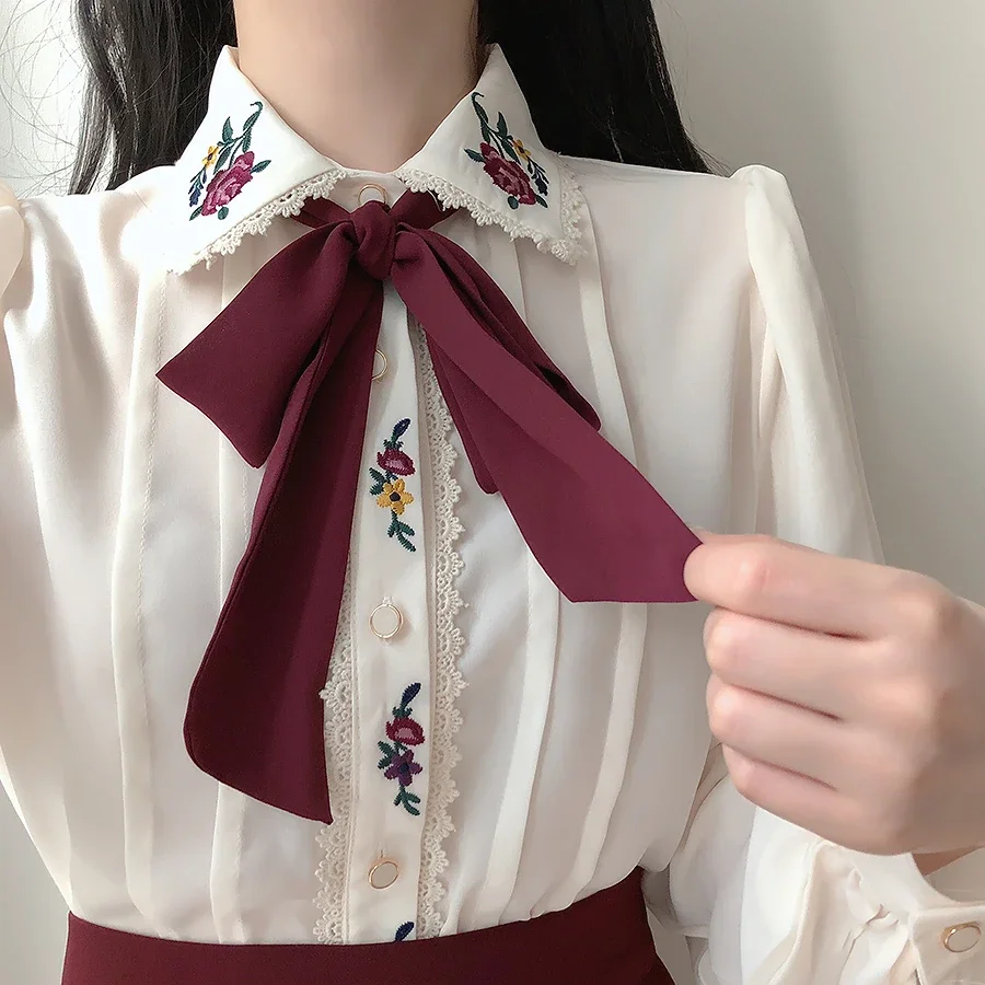 الرجعية خمر التطريز ربطة القوس - مراجعة Women Formal Wear White Shirt وسعره